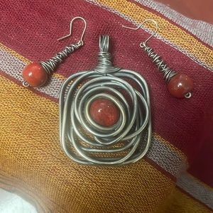 Handmade sterling silver multi-toned maroon centerpiece bead necklace & earrings